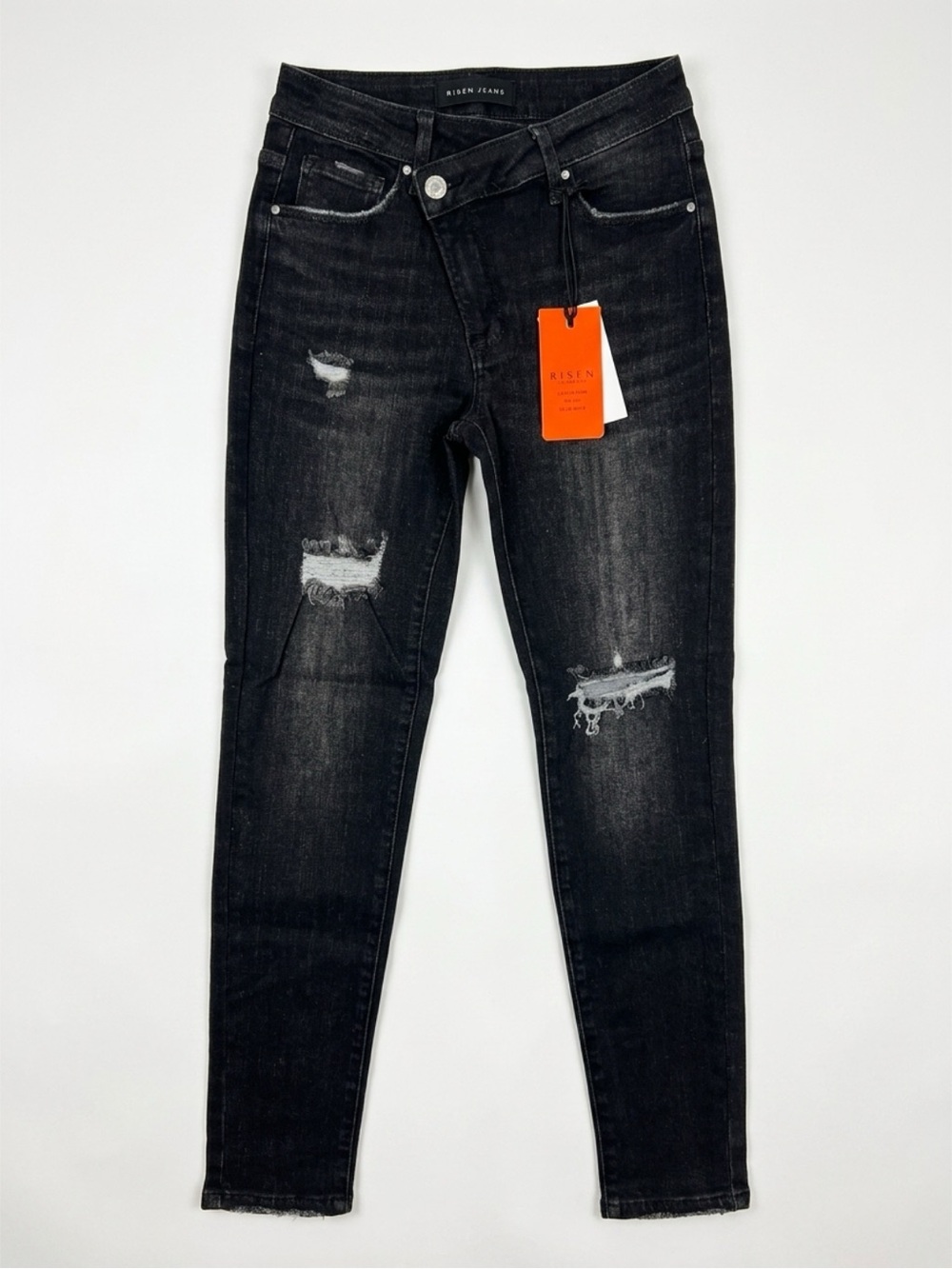 Risen Jeans Black Distressed Skinny Jeans NWT Criss Cross Waist Raw Hem Sz 1/25